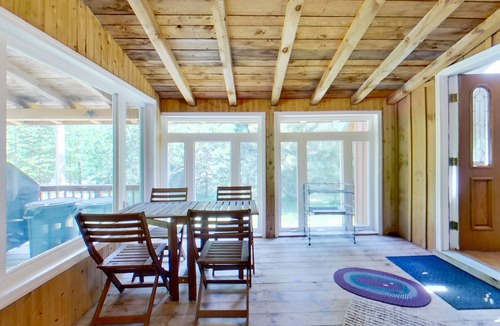 Warrensburg House | Mountain-view house with wood-burning fireplace, deck, patio, & washer/dryer